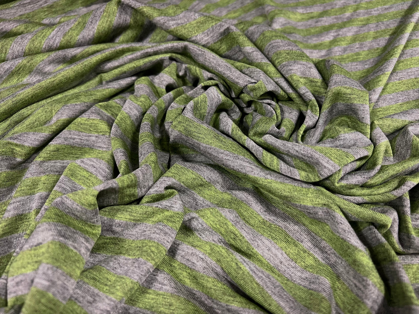 Viscose spandex stretch single jersey fabric, per metre - stripe - green & grey marl