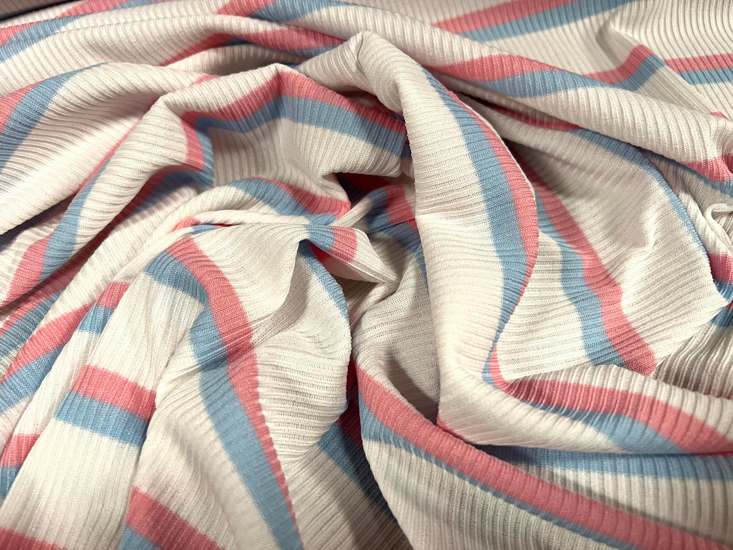 Stretch Spandex rib jersey fabric, per metre - Neapolitan stripe - white pink blue pastel