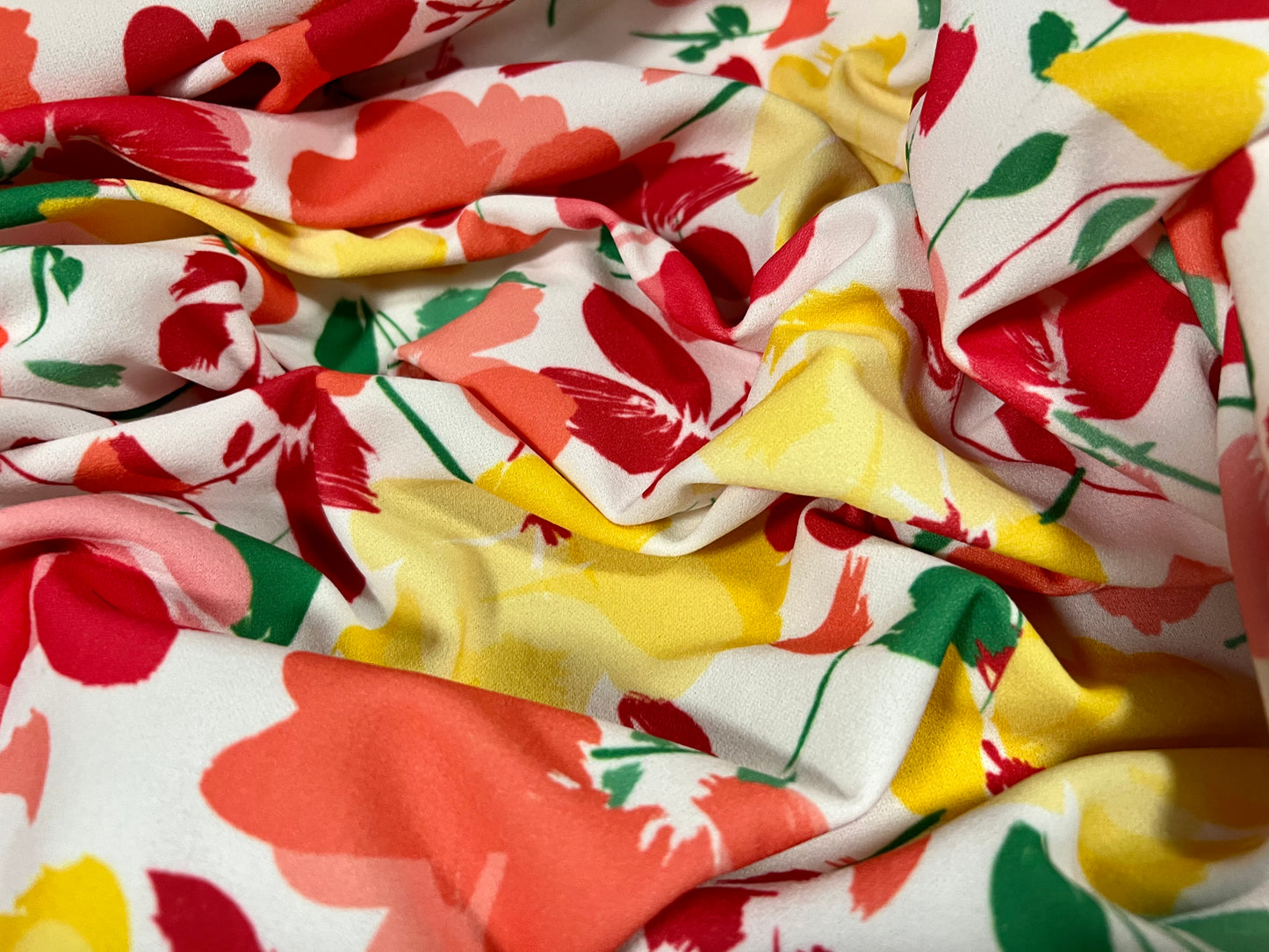 Scuba crepe stretch spandex double jersey fabric, per metre - floral print - yellow & pink