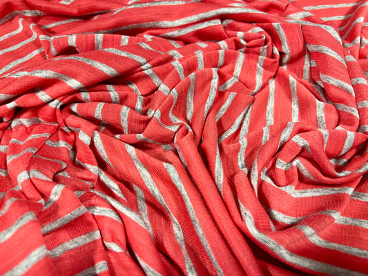 Viscose spandex stretch single jersey fabric, per metre - stripe - grey marl & strawberry