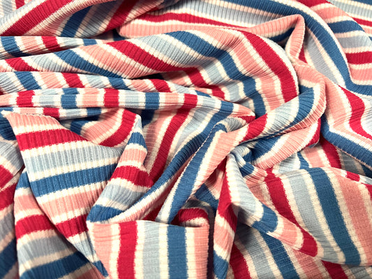 Stretch Spandex rib jersey fabric, per metre - Neapolitan stripe - white pink & blue