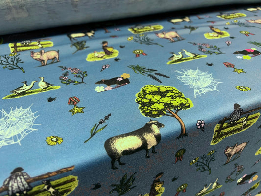 Soft handle stretch single jersey fabric, per metre - Farmyard Animals print - blue