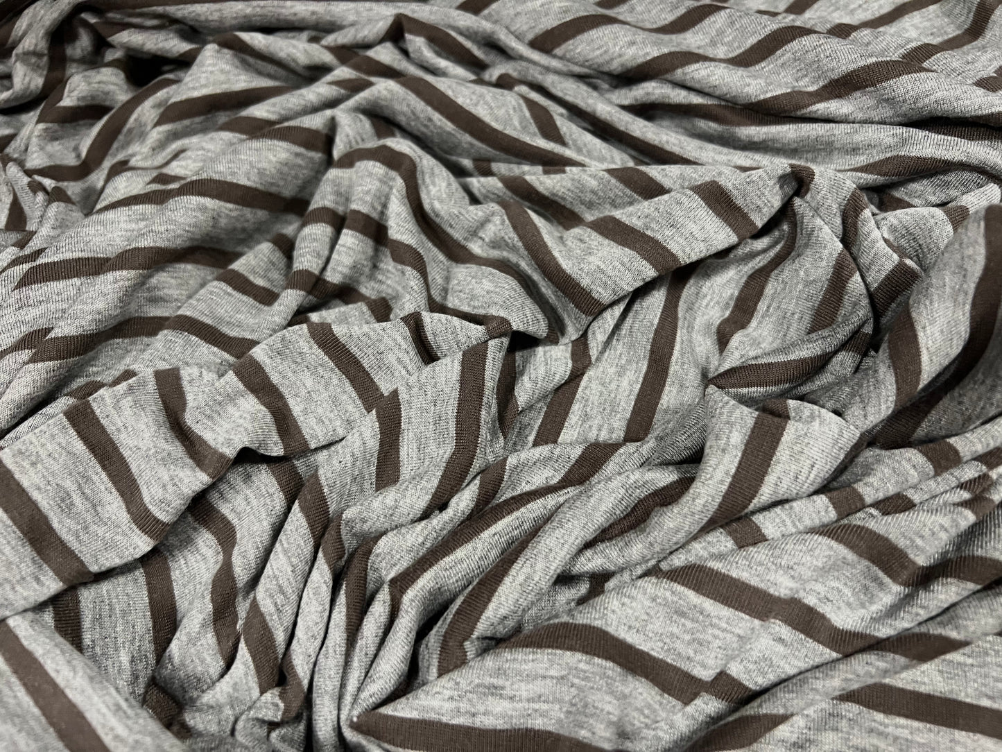 Viscose spandex stretch single jersey fabric, per metre - stripe - grey marl & khaki