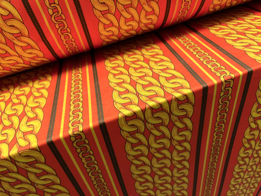 Swimwear stretch spandex jersey fabric, per metre - designer chains print - yellow gold & orange