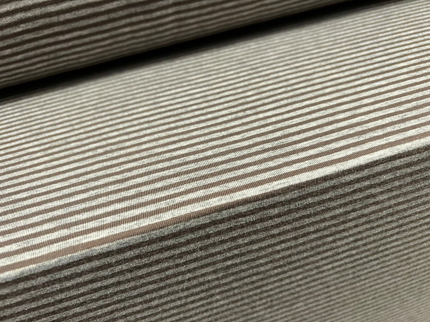 Viscose spandex stretch single jersey fabric, per metre - stripe -khaki & grey marl