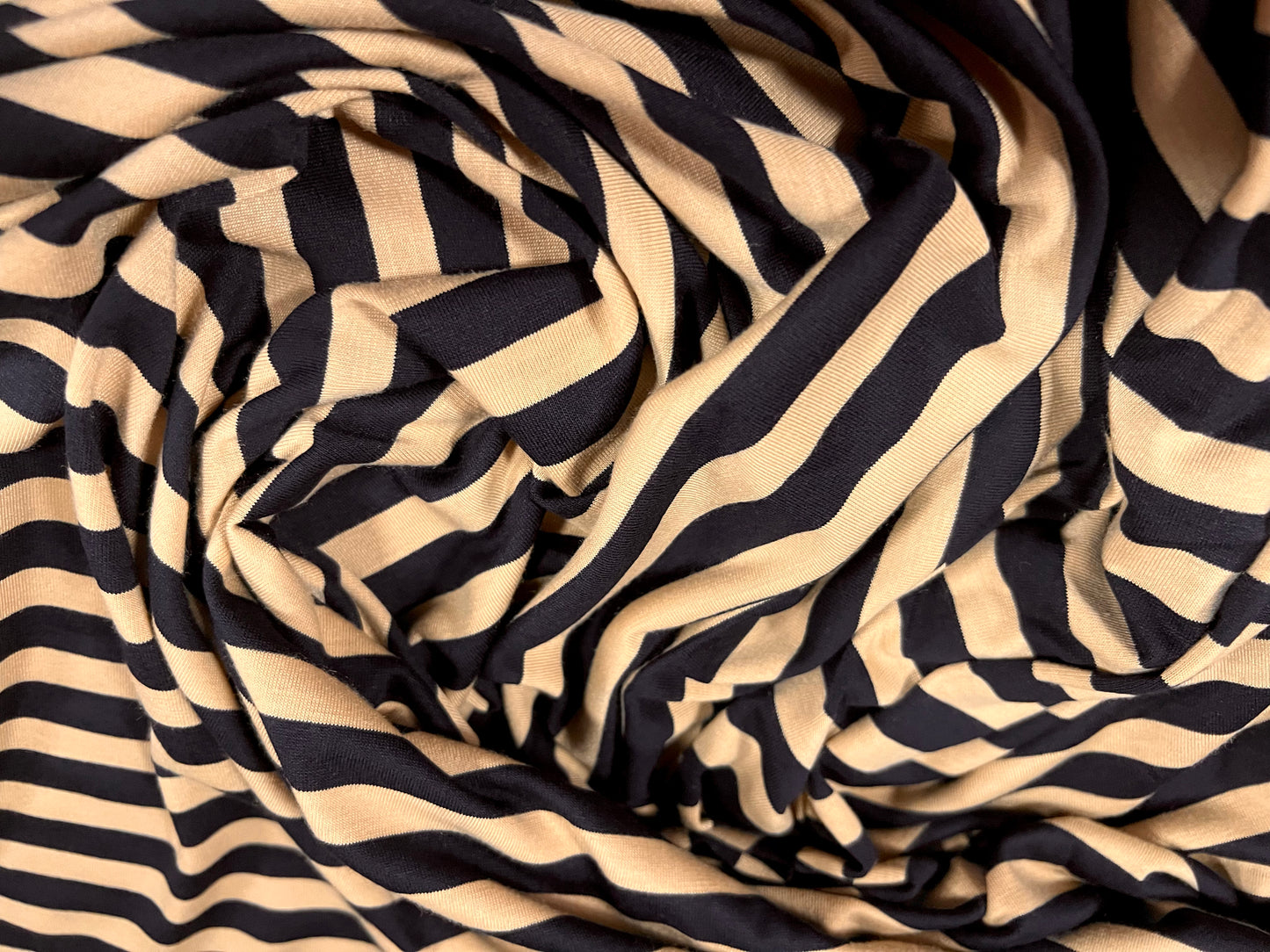 Viscose spandex stretch single jersey fabric, per metre - stripe - black & beige