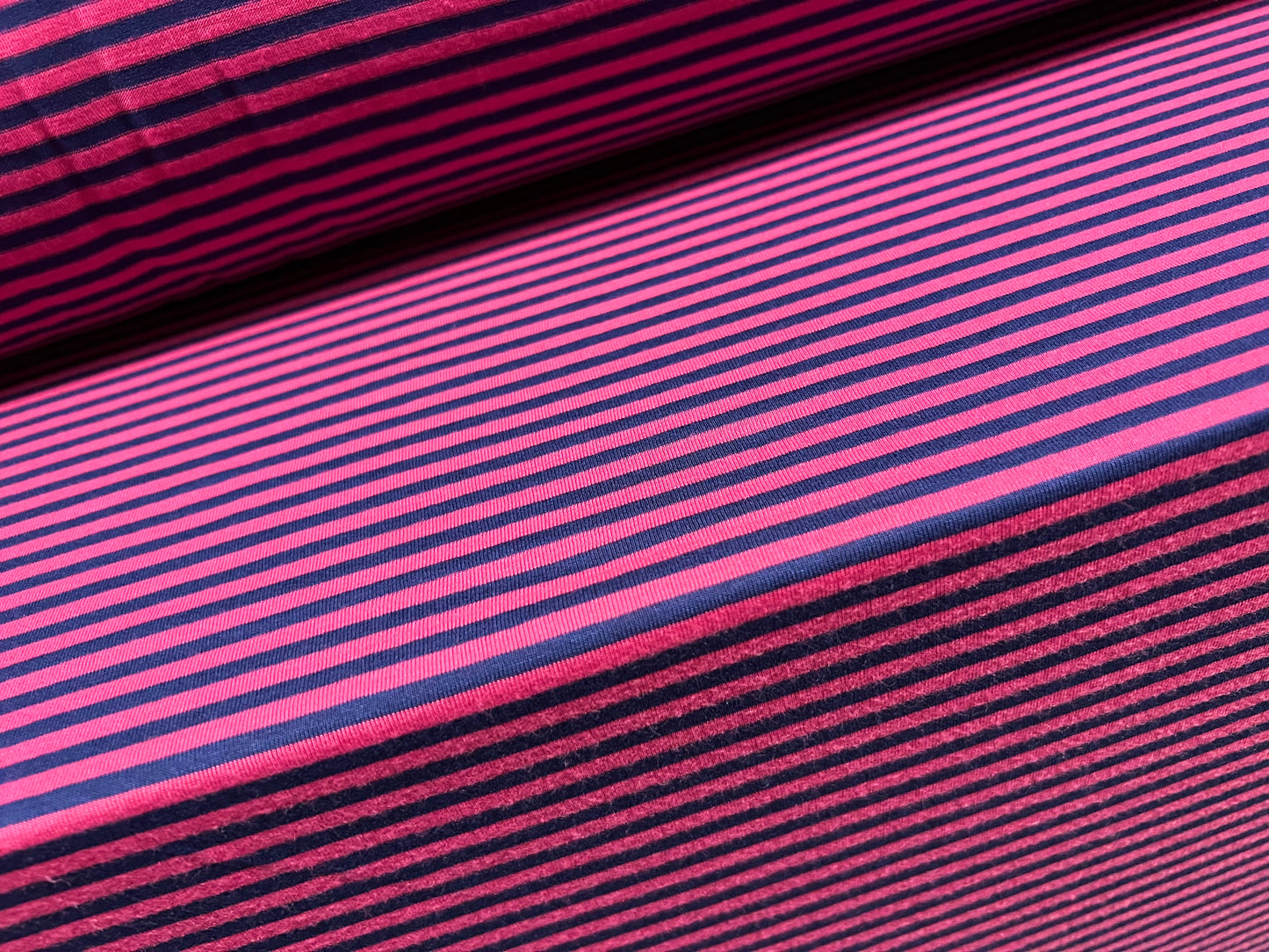 Viscose blend single jersey fashion fabric, per metre - stripe - magenta & navy blue