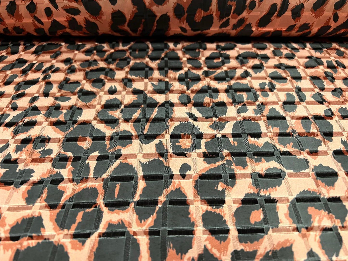 Satin jacquard woven dress fabric, per metre - cheetah animal print - dusky pink