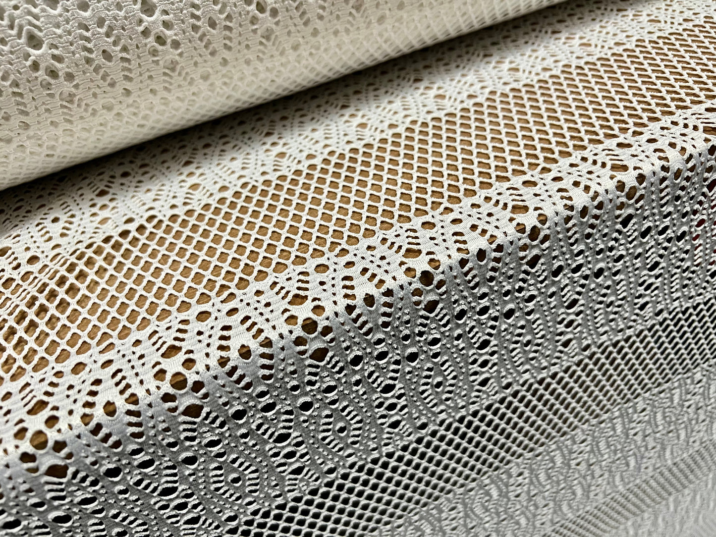 Crochet lace jersey knit fabric, per metre - fishnet stripe - white