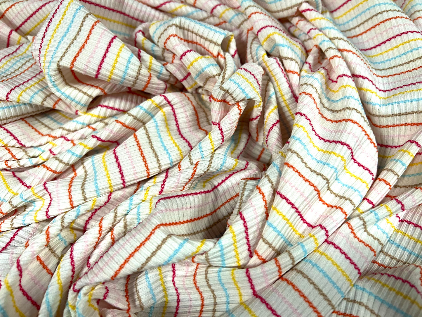 Stretch Spandex rib jersey fabric, per metre - white multicolour pinstripe