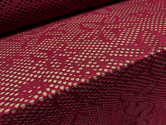 Fishnet stretch spandex mesh jersey fabric, per metre - flower jacquard - wine