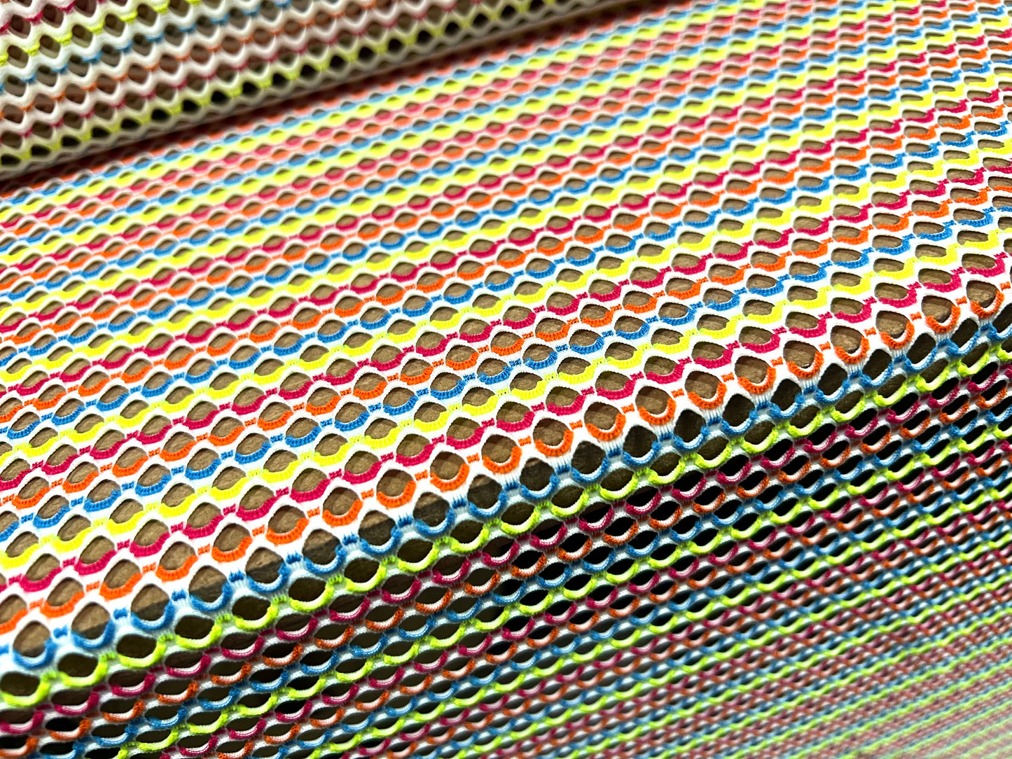 Fishnet stretch spandex mesh jersey fabric, per metre - multicolour stripe - lime orange & raspberry