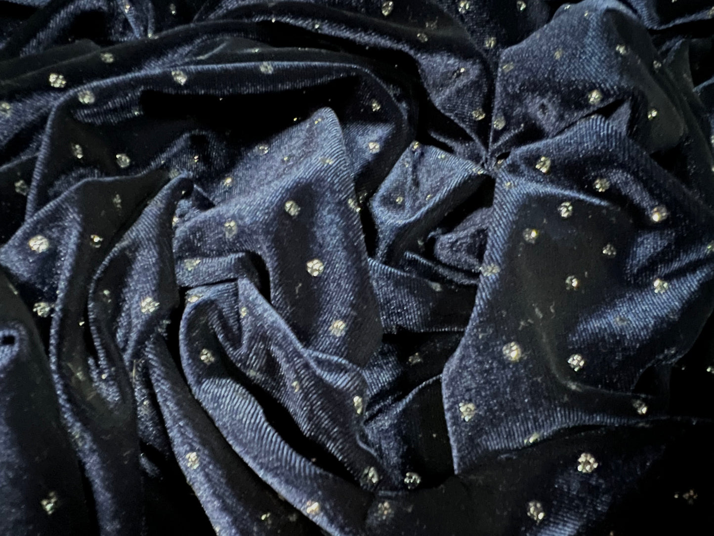 Couture Spandex velvet velour stretch fabric, per metre - glitter stud - dark navy blue & silver