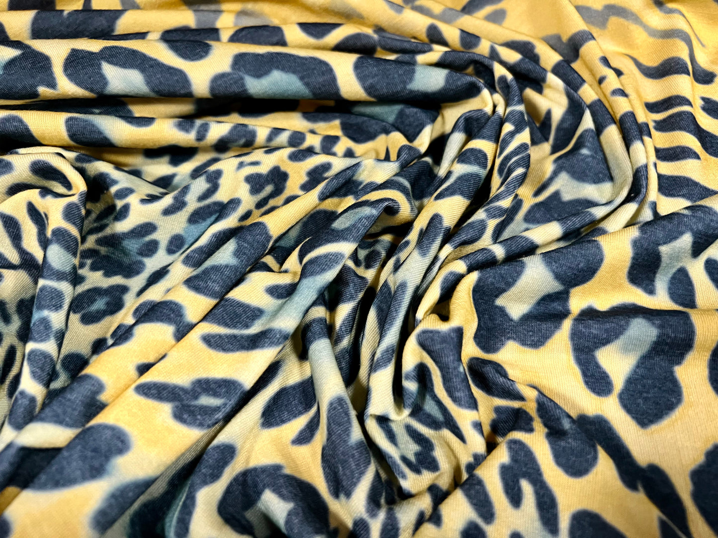 Soft handle stretch single jersey fabric, per metre - distressed leopardskin print - yellow gold & grey