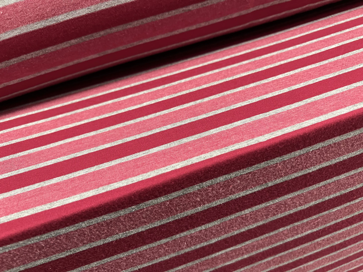 Viscose blend single jersey fashion fabric, per metre - stripe - wine, pink & grey marl