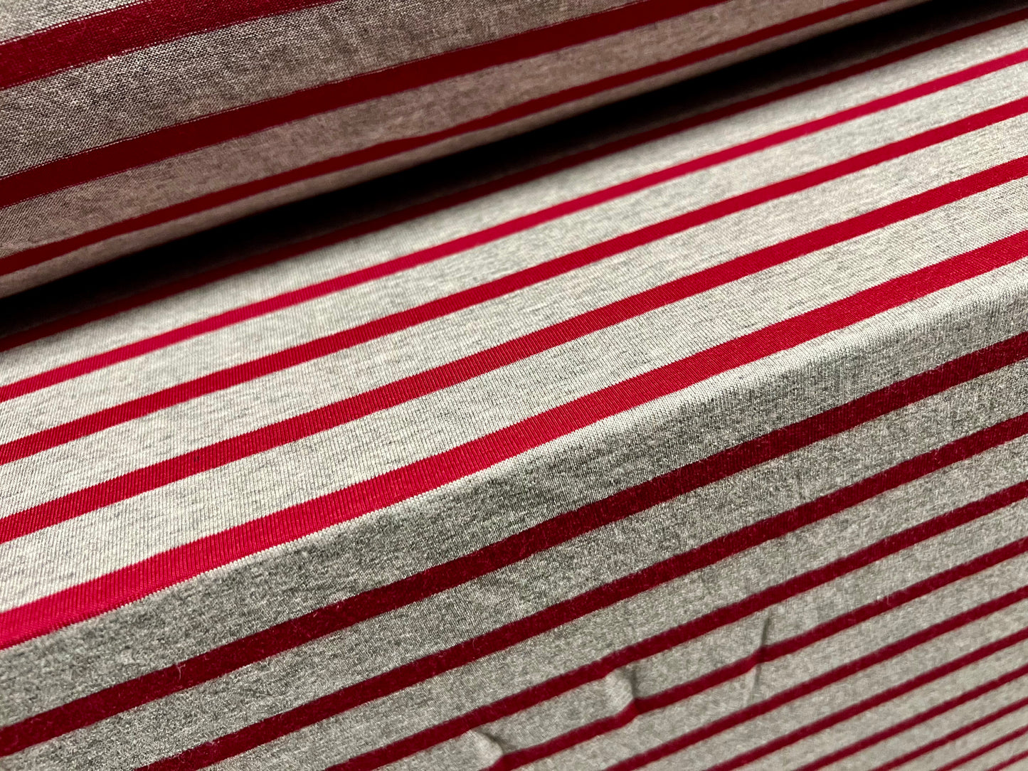 Viscose spandex stretch single jersey fabric, per metre - stripe - winter red & grey marl