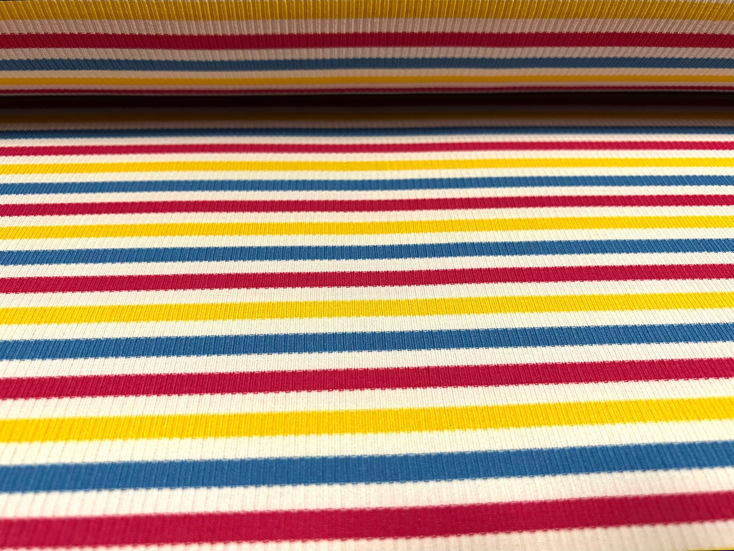 Stretch Spandex rib jersey fabric, per metre - stripe - white yellow fuchsia & blue