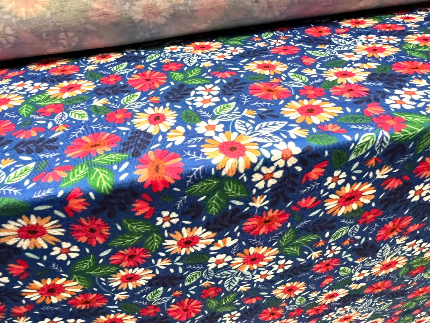 Soft handle single jersey fashion fabric, per metre - flower print - bright blue