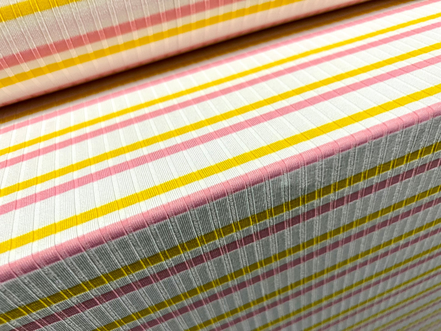 Stretch Spandex rib jersey fabric, per metre - Neapolitan stripe - white pink yellow