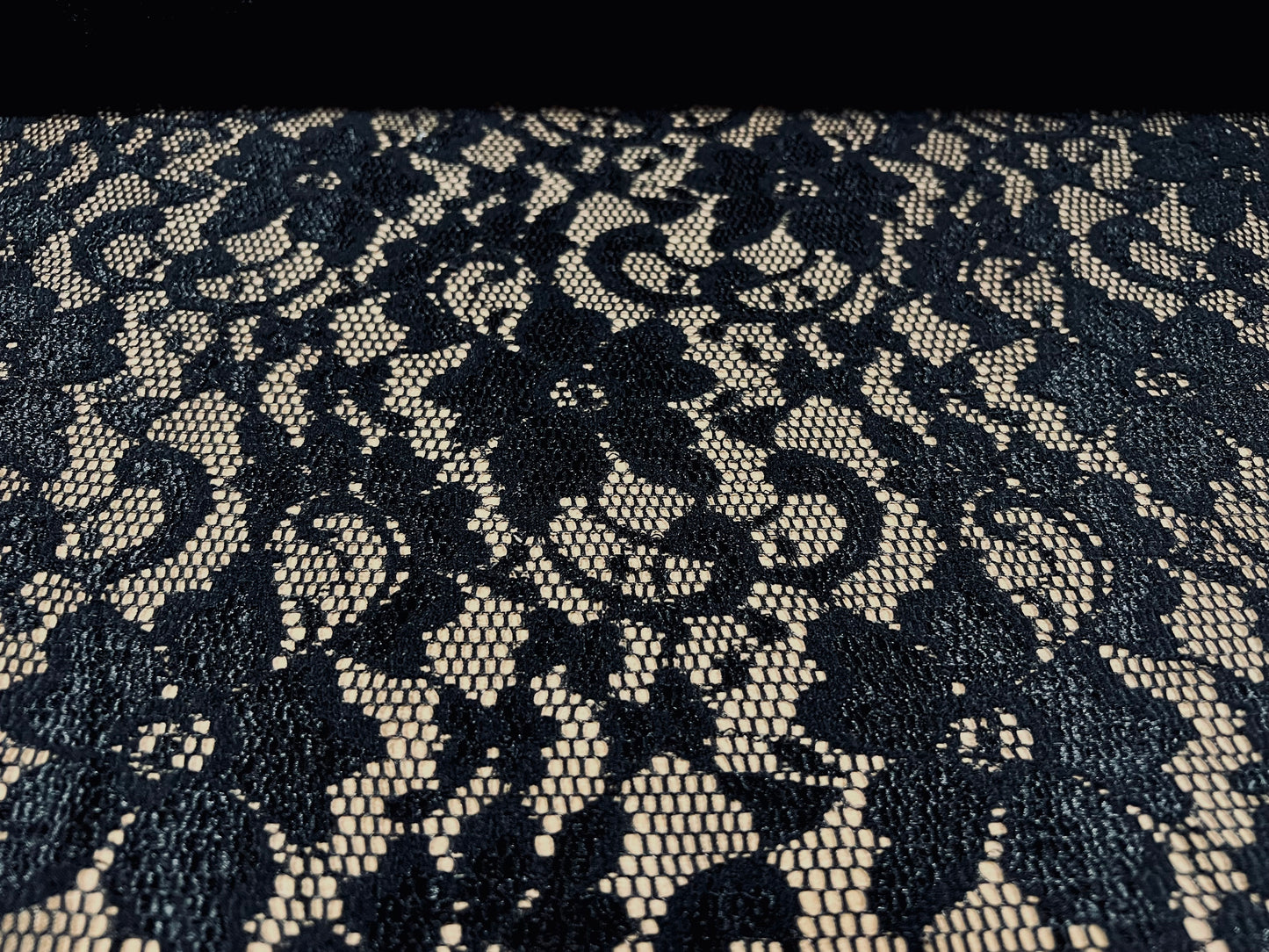 Stretch spandex lace fabric, per metre - floral - scalloped selvedge - black