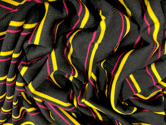 Stretch Spandex rib jersey fabric, per metre - stripe - black yellow & fuchsia