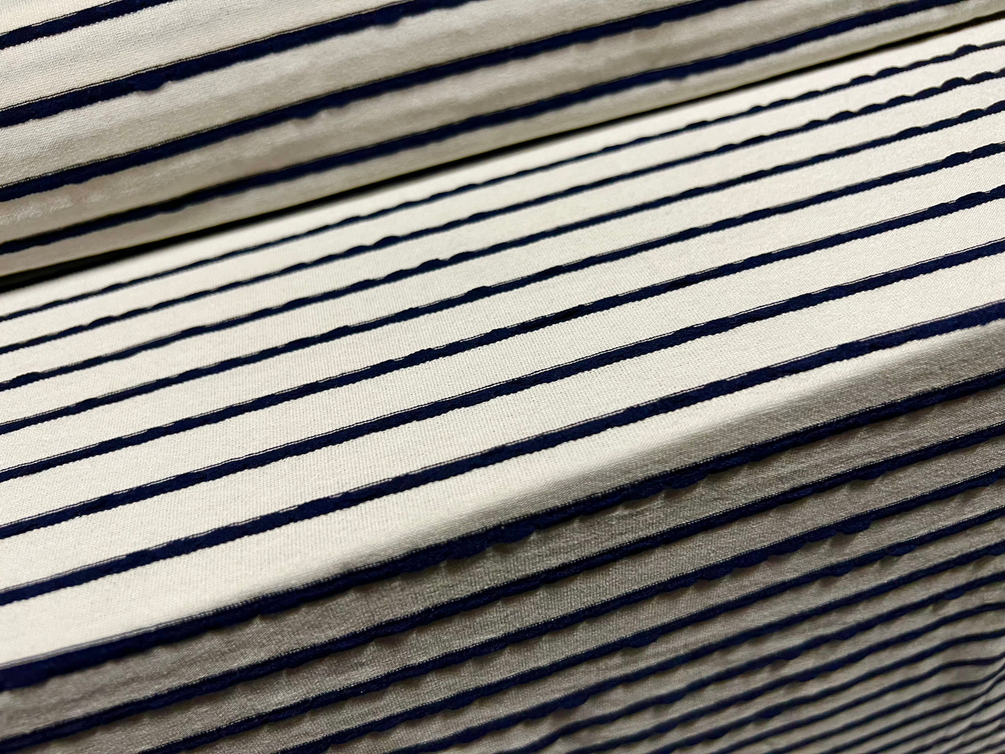 Viscose spandex stretch single jersey fabric, per metre - raised pinstripe - ivory & black