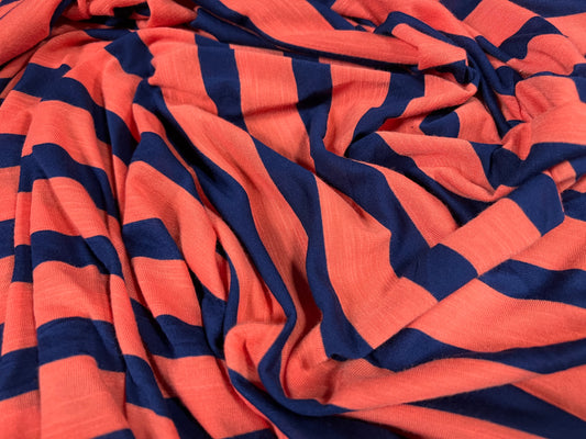 Soft handle slub single jersey fabric, per metre - stripe - coral & navy blue