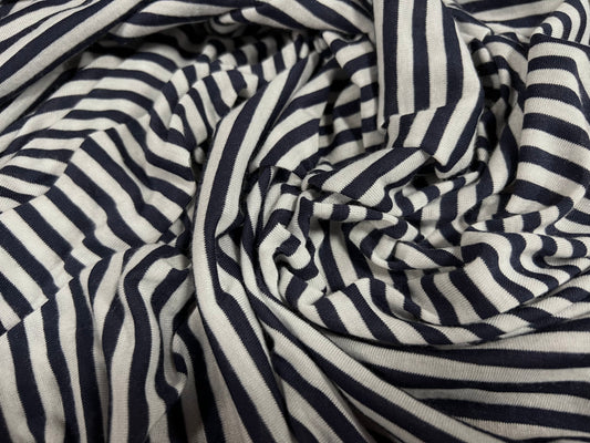 Viscose spandex stretch single jersey fabric, per metre - stripe - midnight & ivory