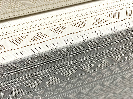 Crochet lace stretch spandex jersey fabric, per metre - aztec stripe - ivory