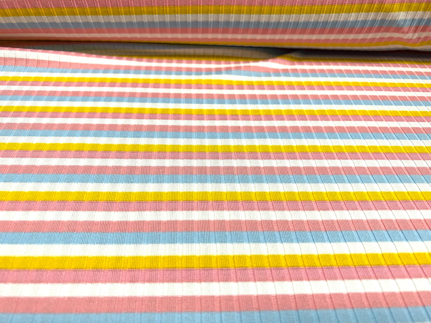 Stretch Spandex rib jersey fabric, per metre - Neapolitan stripe - blue pink white & yellow