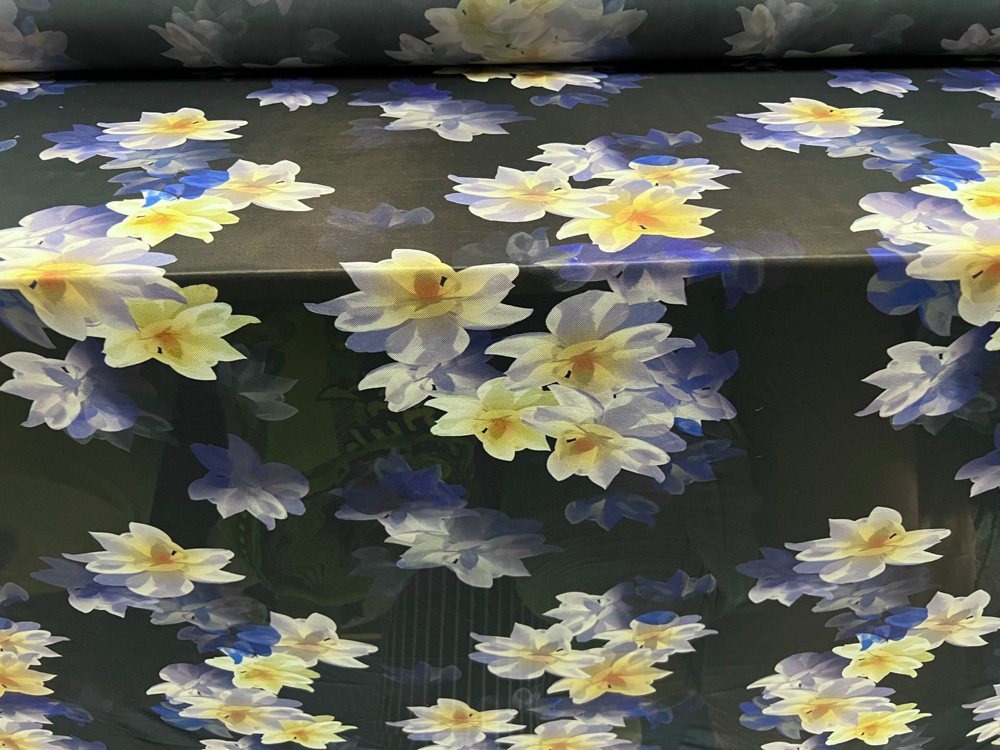 Power mesh net sheer stretch spandex fabric, per metre - lily flower print - navy blue & lemon