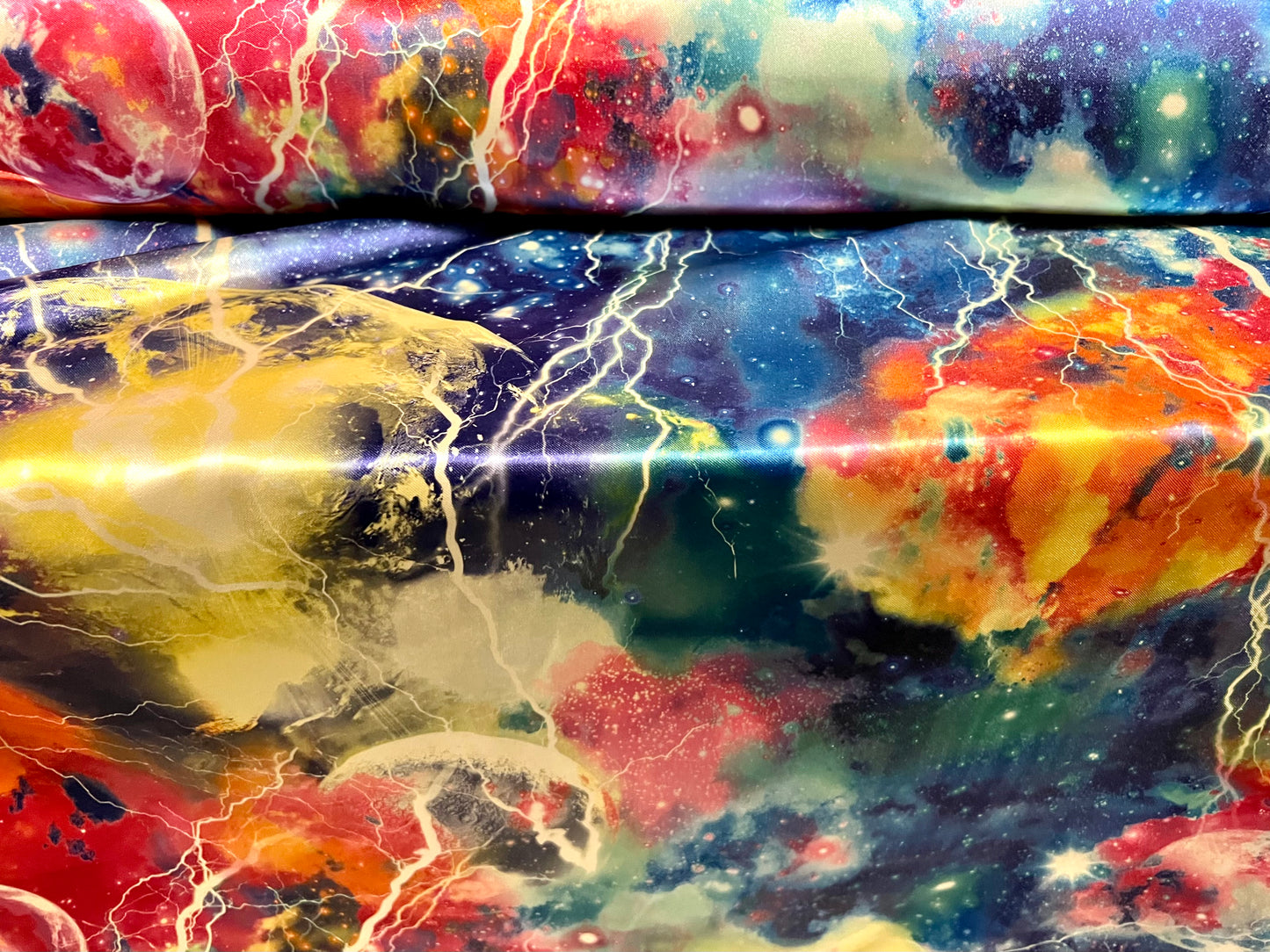 Silky Satin woven dress fabric, per metre - cosmic lightning print - multicolour