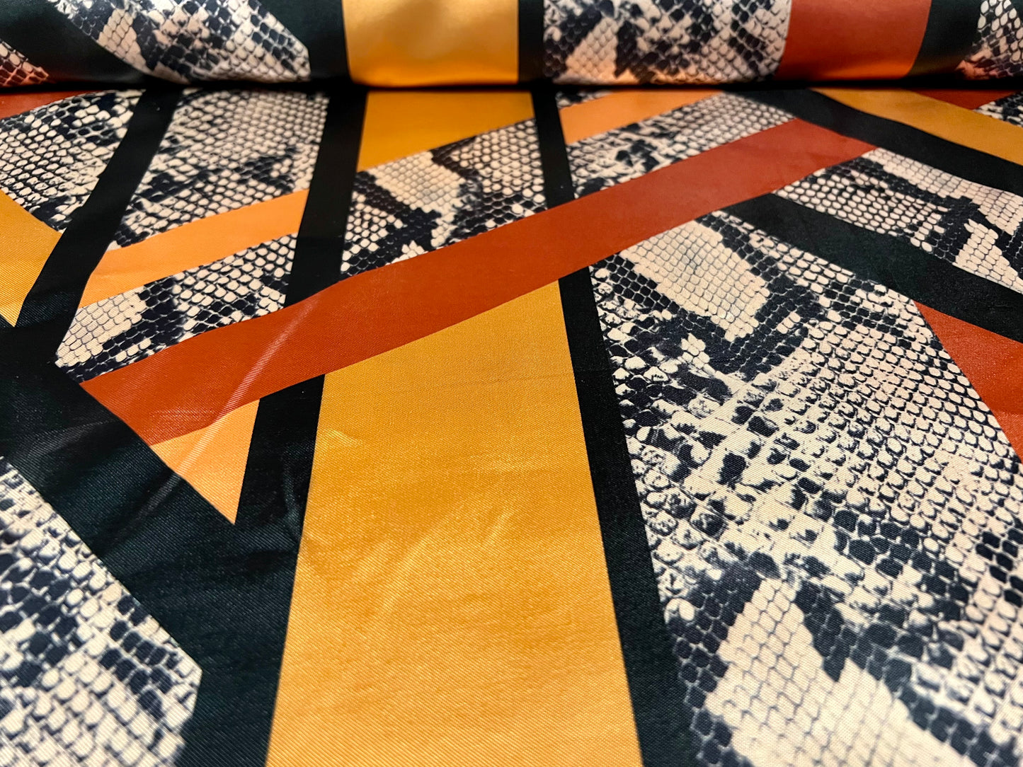 Silky Satin woven dress fabric, per metre - geometric stripe snakeskin print - gold & copper