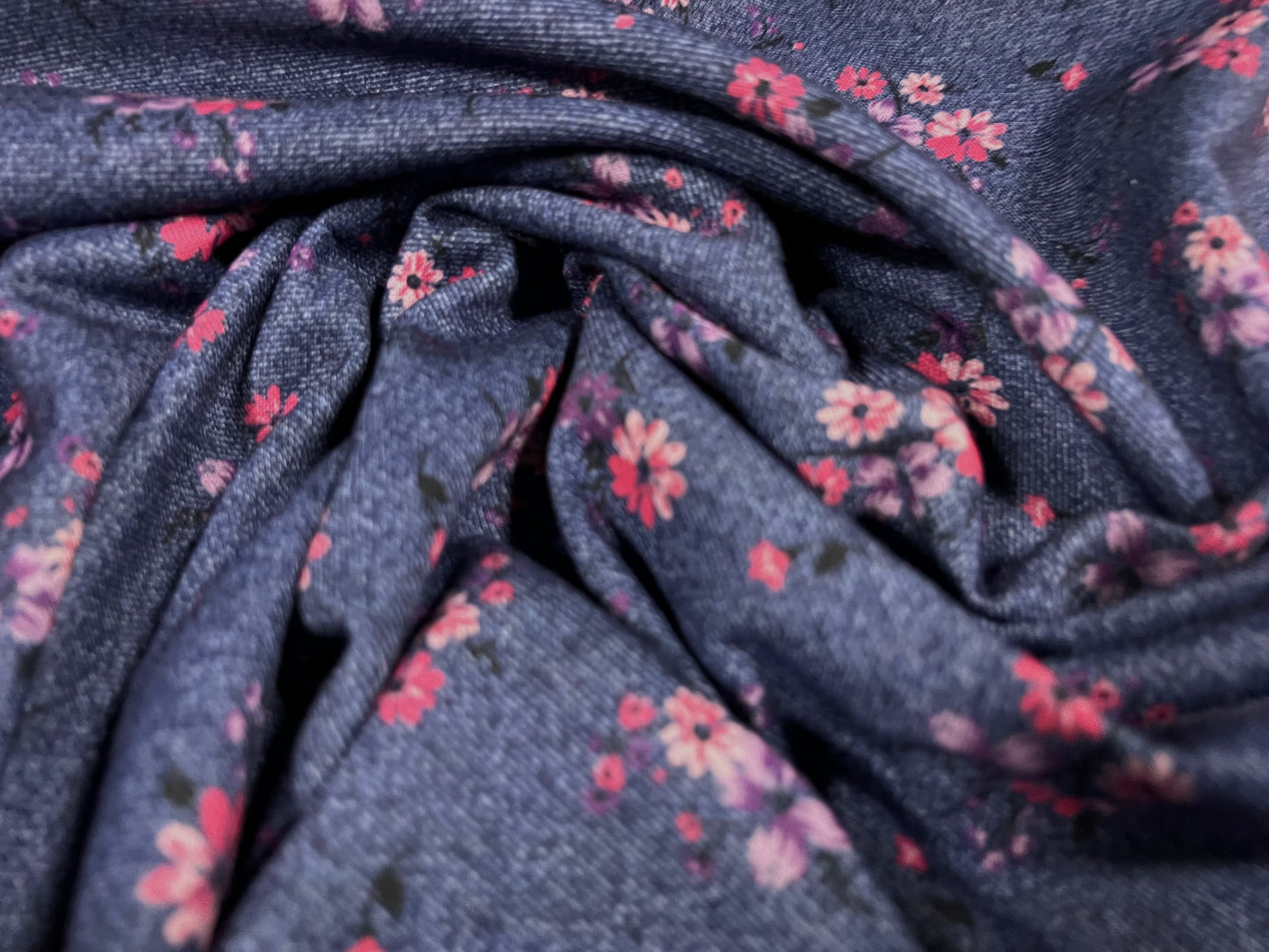 Double jersey dress fabric, per metre - floral print - denim blue & pink