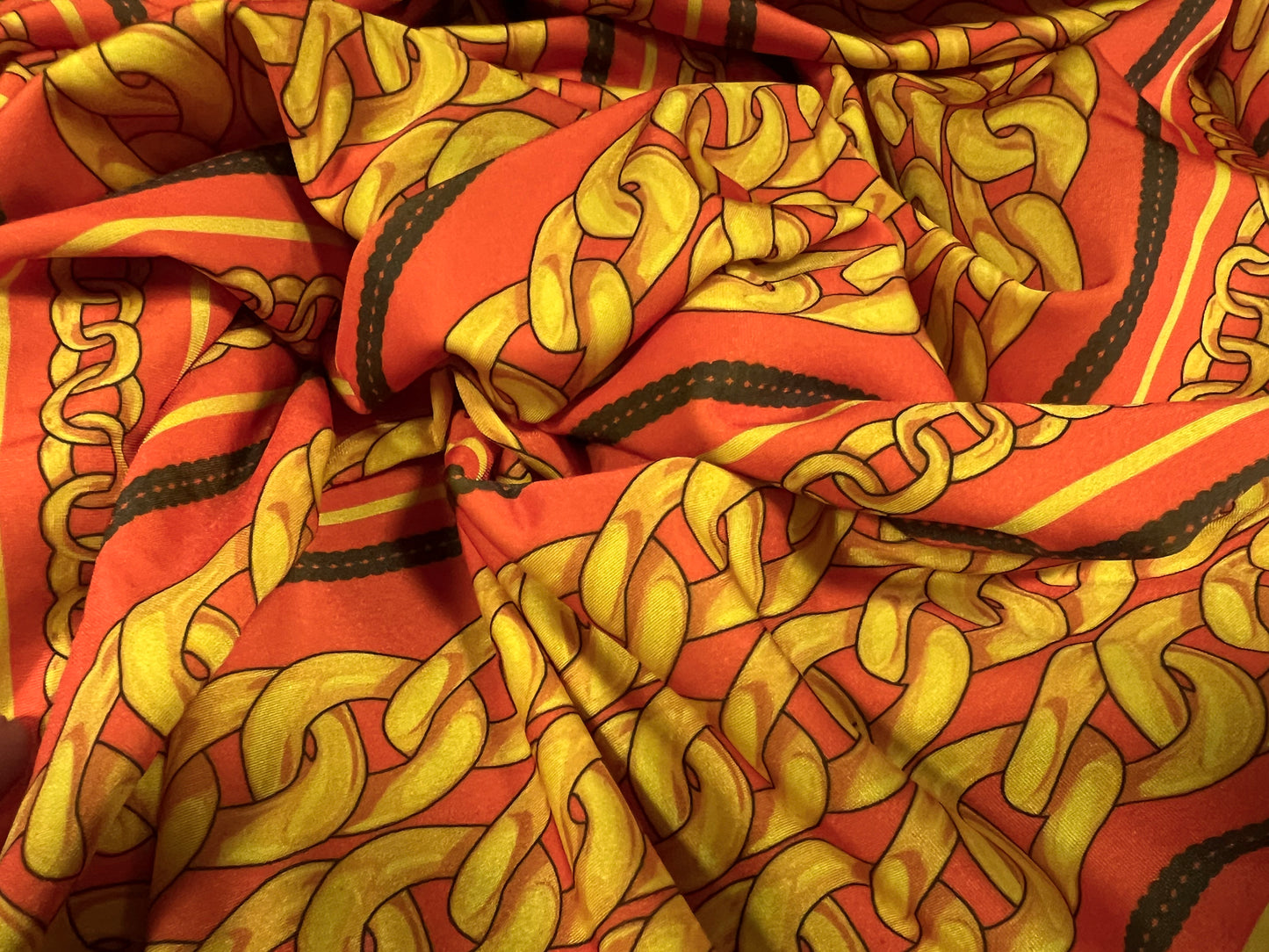 Swimwear stretch spandex jersey fabric, per metre - designer chains print - yellow gold & orange