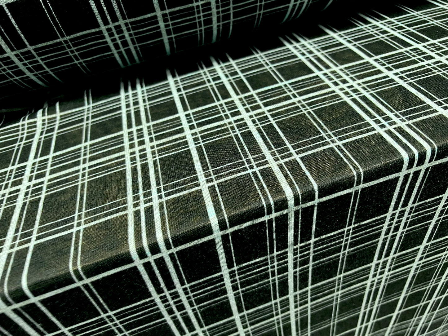 Thick & thin single jersey fashion fabric, per metre - matrix check print - black & turquoise