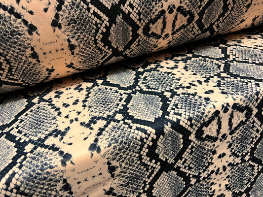 Scuba stretch spandex neoprene style double jersey fabric, per metre - snakeskin animal print - nude & black