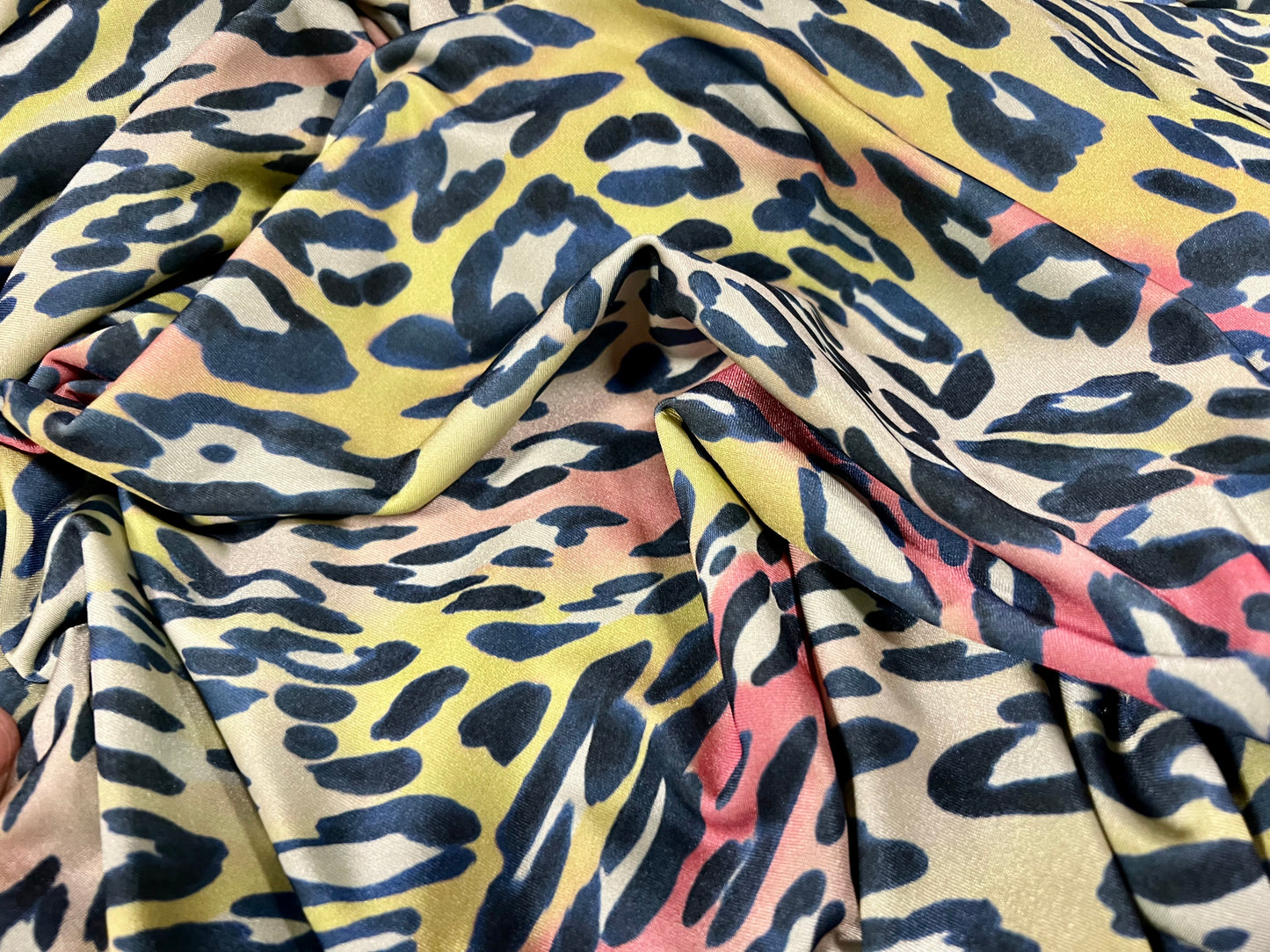 Swimwear stretch spandex jersey fabric, per metre - stylised leopardskin print - sage mustard & pink