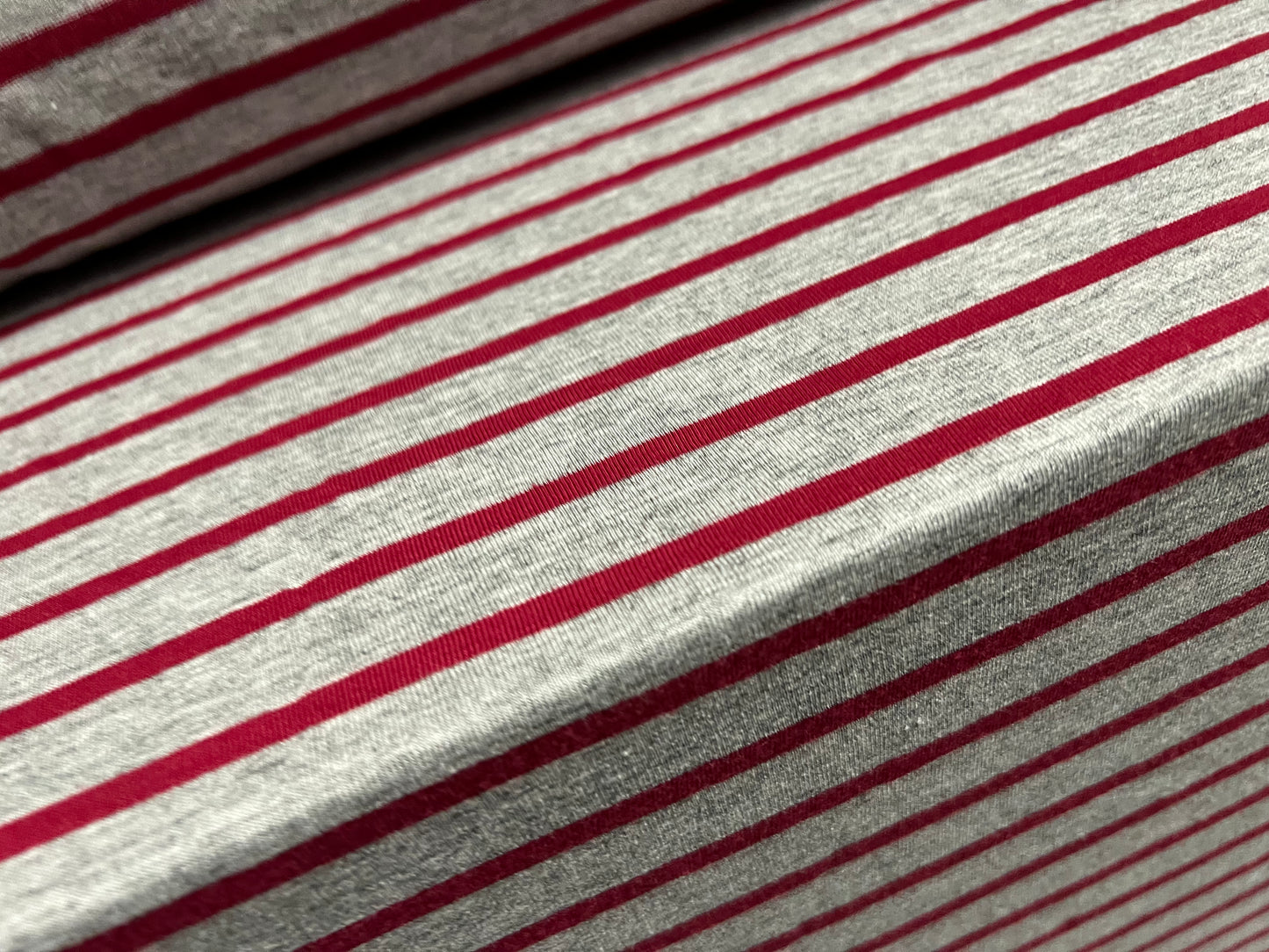 Viscose spandex stretch single jersey fabric, per metre - stripe - grey marl & winter red