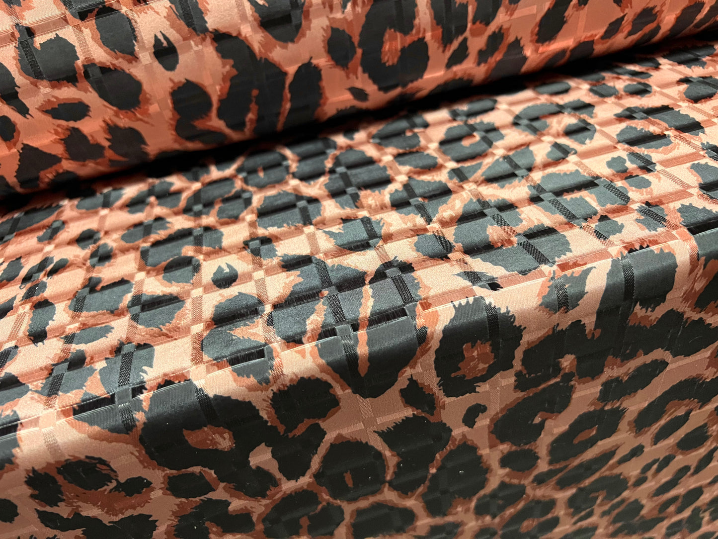 Satin jacquard woven dress fabric, per metre - cheetah animal print - dusky pink