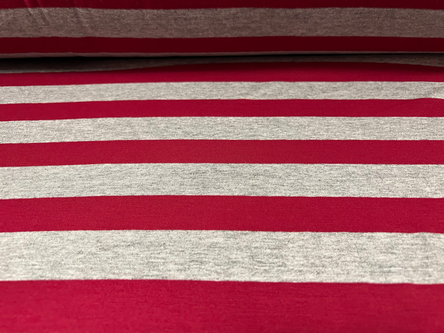 Viscose spandex stretch single jersey fabric, per metre - stripe - autumn red & grey marl