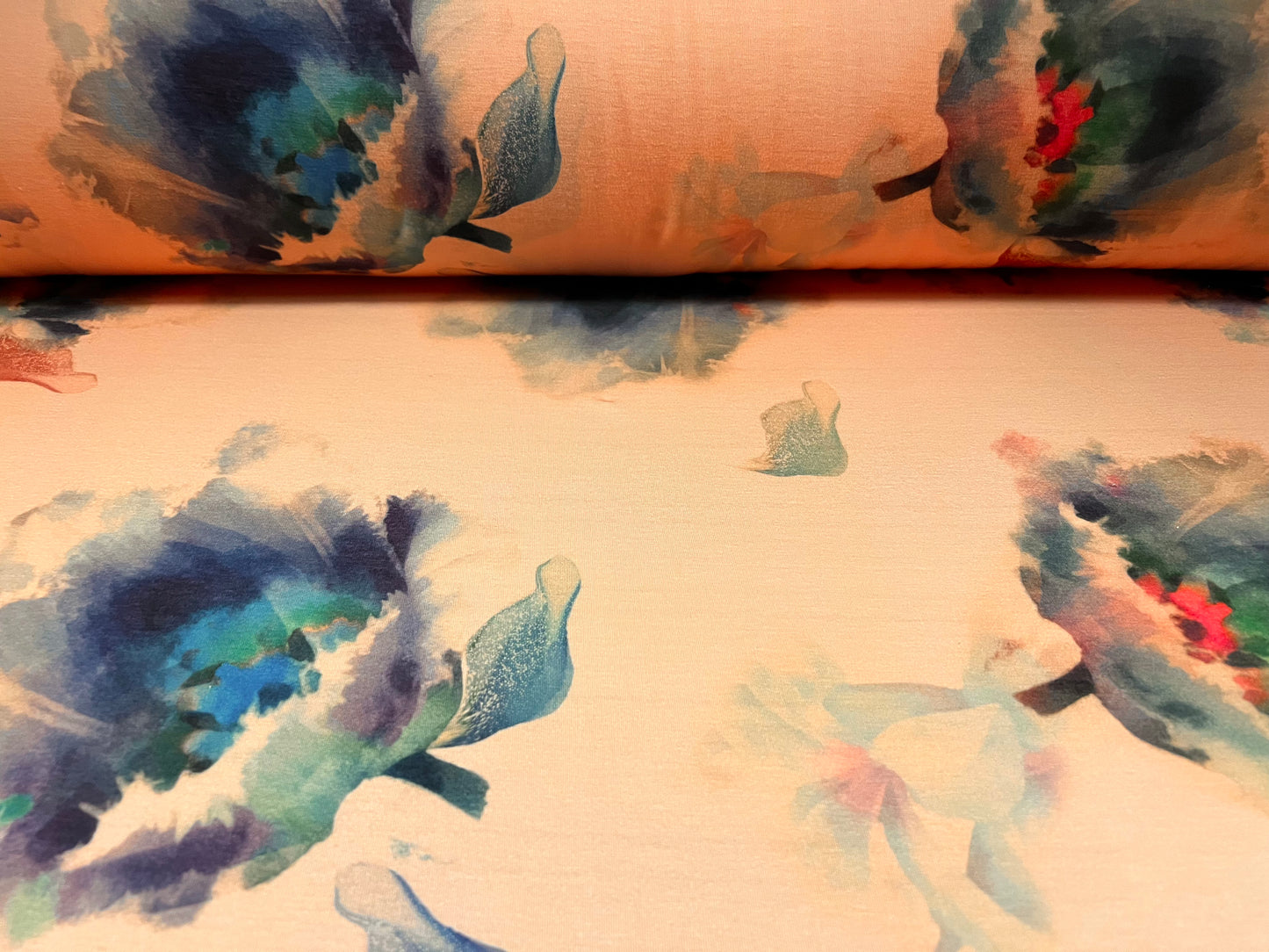 Soft handle single jersey fashion fabric, per metre - watercolour flower print - peach