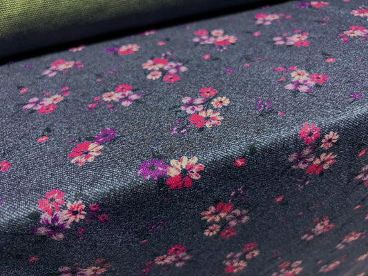 Double jersey dress fabric, per metre - floral print - denim blue & pink