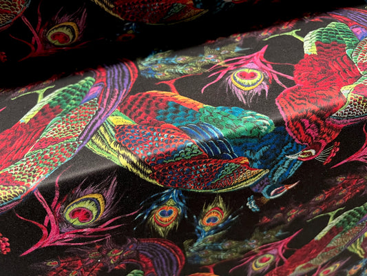 Scuba neoprene style double jersey stretch spandex fabric, per metre - peacock feathers print - multicolour