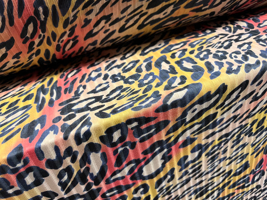 Stretch spandex rib jersey fabric, per metre - leopardskin sunset print - pink nude & yellow