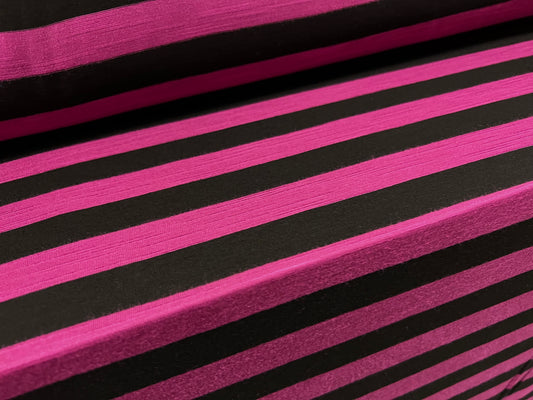 Viscose blend slub single jersey fashion fabric, per metre - stripe - black & magenta