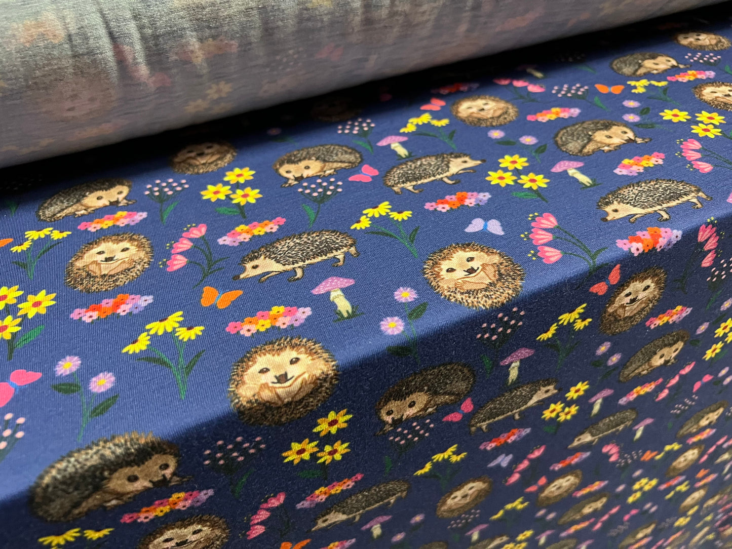 Soft handle single jersey fabric, per metre - hedgehog print - purple blue