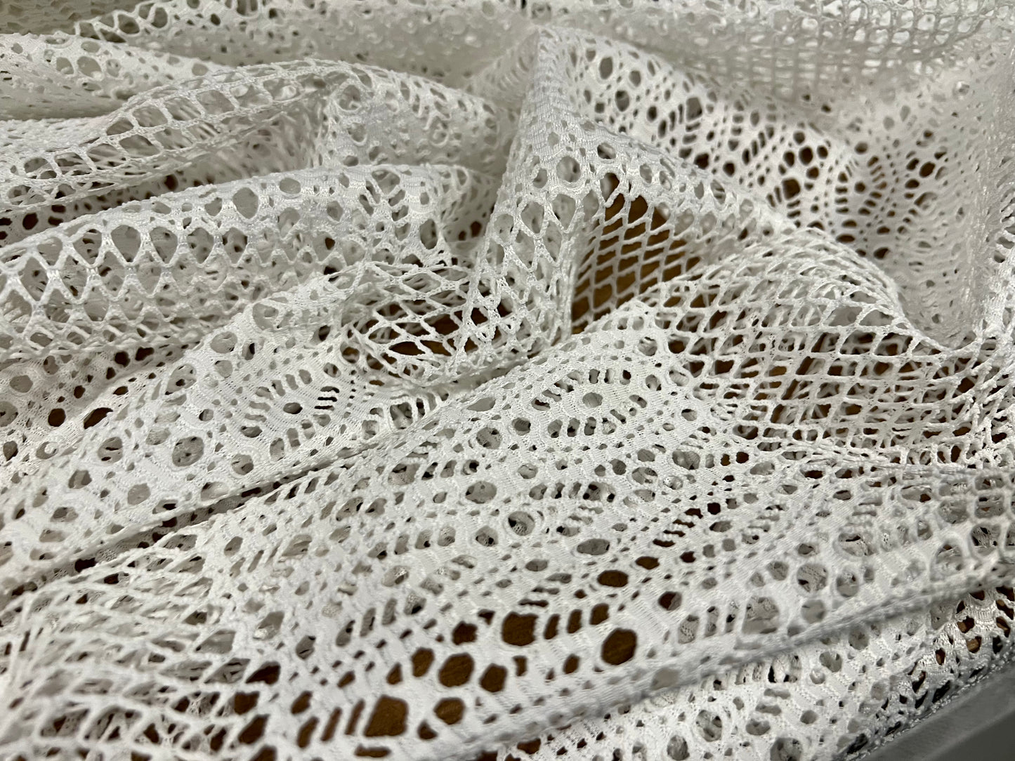 Crochet lace jersey knit fabric, per metre - fishnet stripe - white