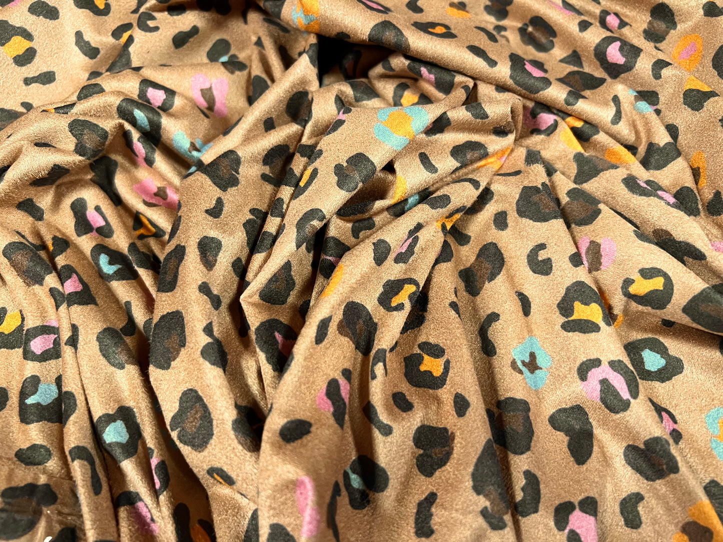 Faux suede stretch spandex jersey fabric, per metre - funky leopardskin print - light brown pink & blue