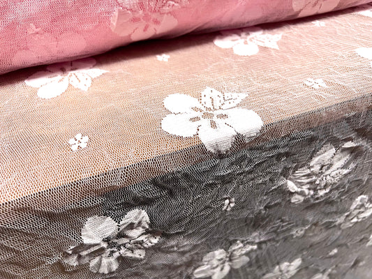 Sheer mesh lace fabric with scalloped selvedge, per metre - large flower design - baby pink